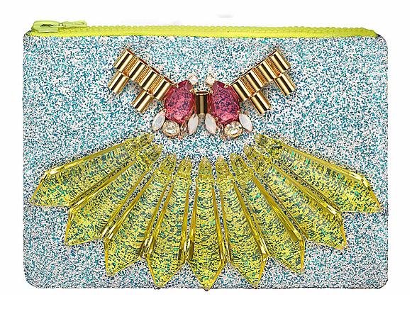 MAWI Single glitter clutch with perspex spikes, metal tubes and crystal teardrops