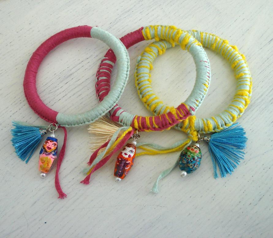 Recycled fabric bracelets with Babushka charms