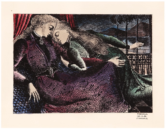 Paul Delvaux, Two Women (1950), pen ink and watercolour.