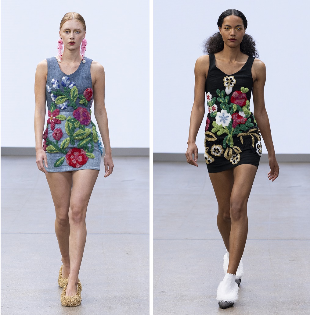 Collage image of two models walking the Fam Irvoll catwalk for SS26 at LFW.