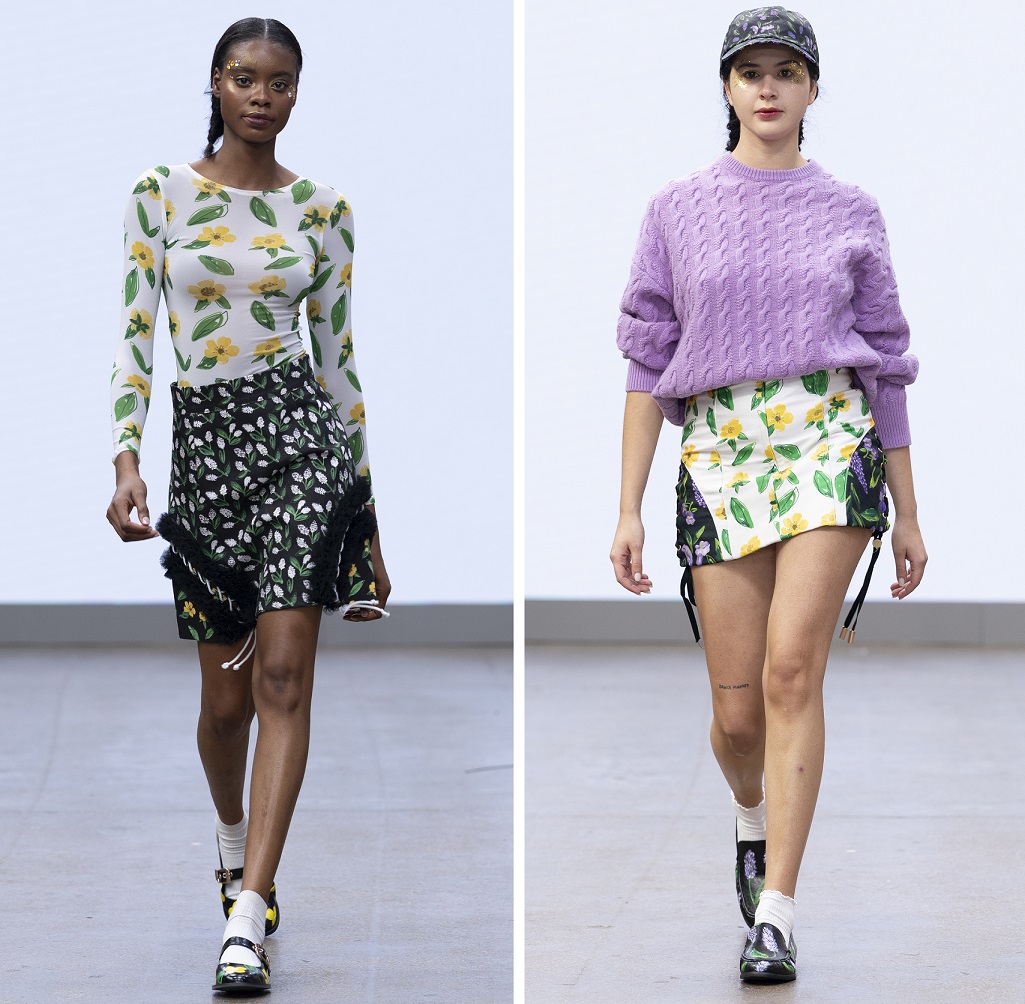 Collage image of two models walking the Fam Irvoll catwalk for SS26 at LFW.
