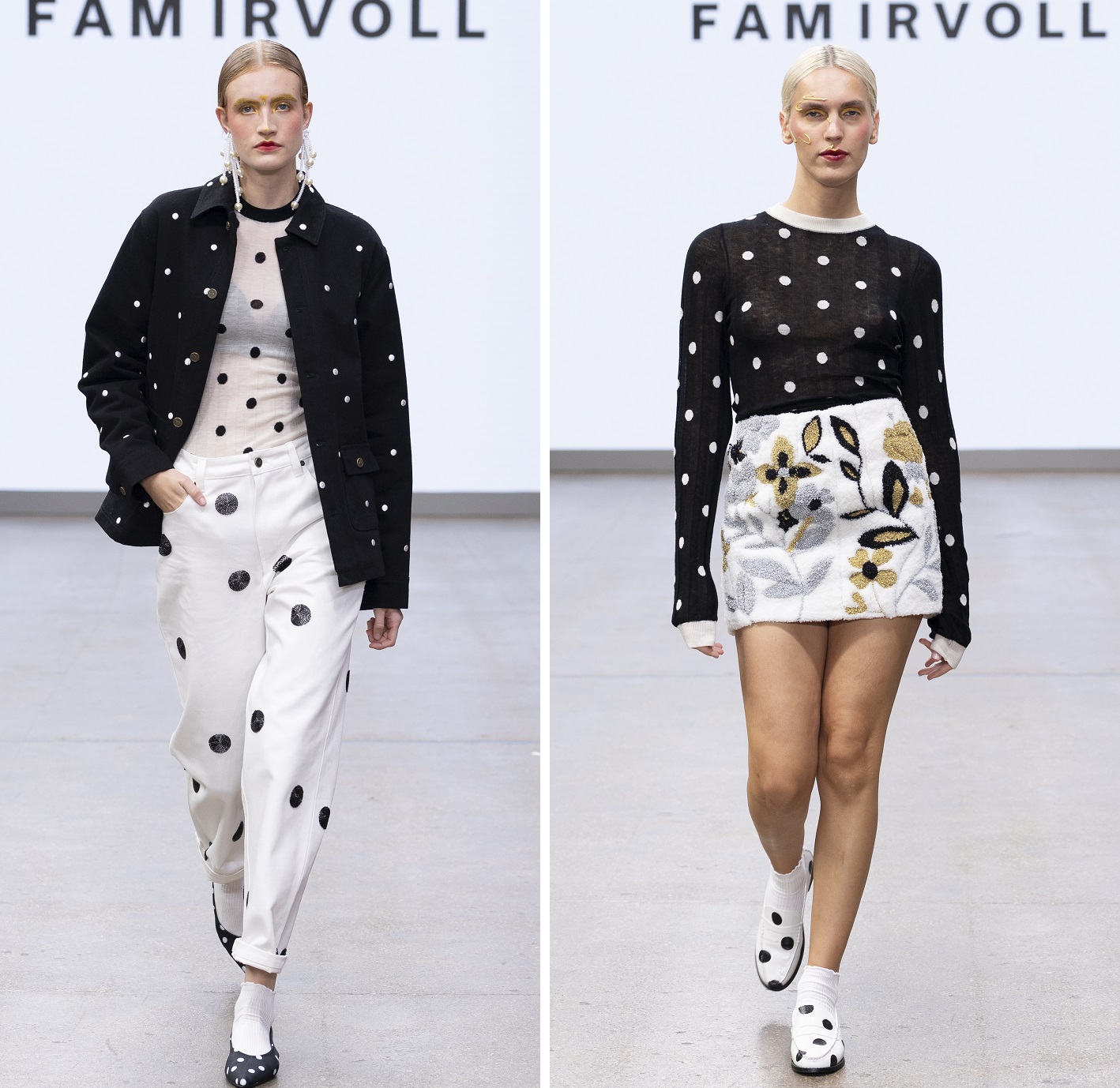 Collage image of two models walking the Fam Irvoll catwalk for SS26 at LFW.