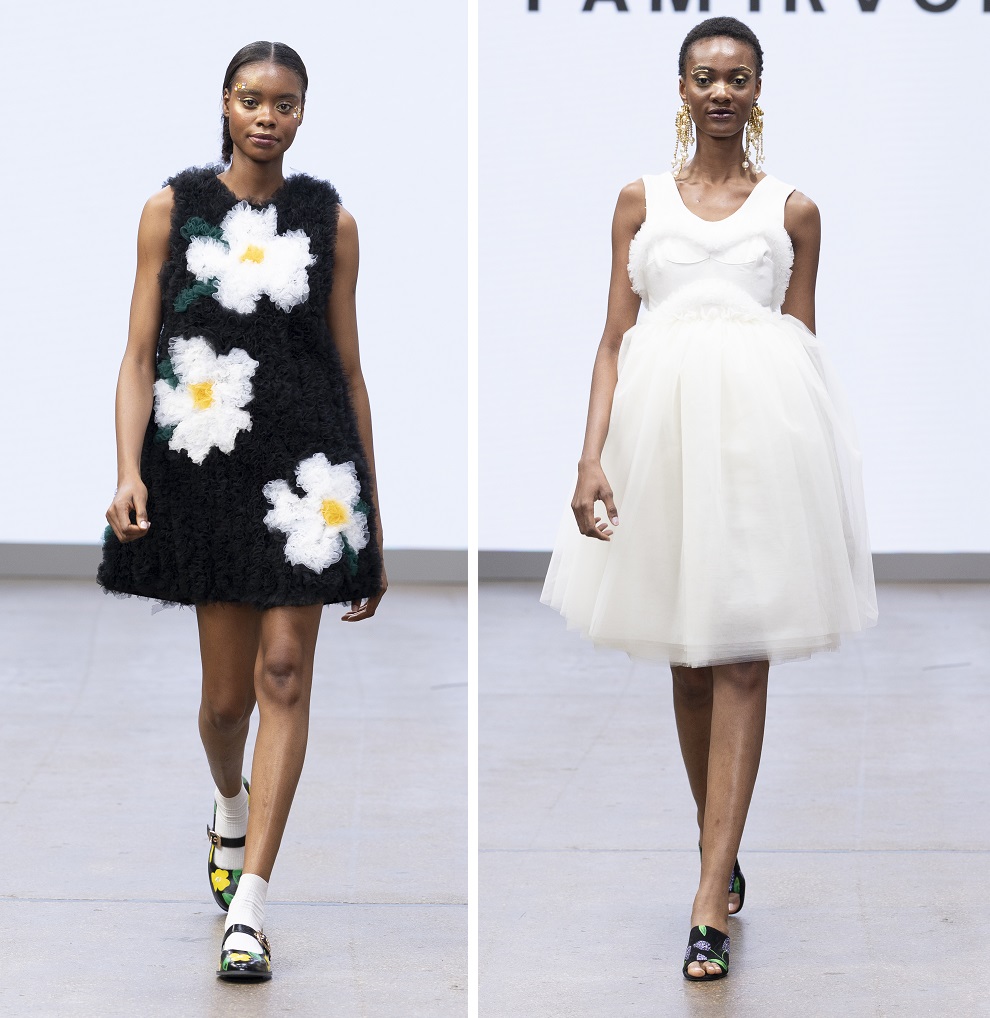 Collage image of two models walking the Fam Irvoll catwalk for SS26 at LFW.